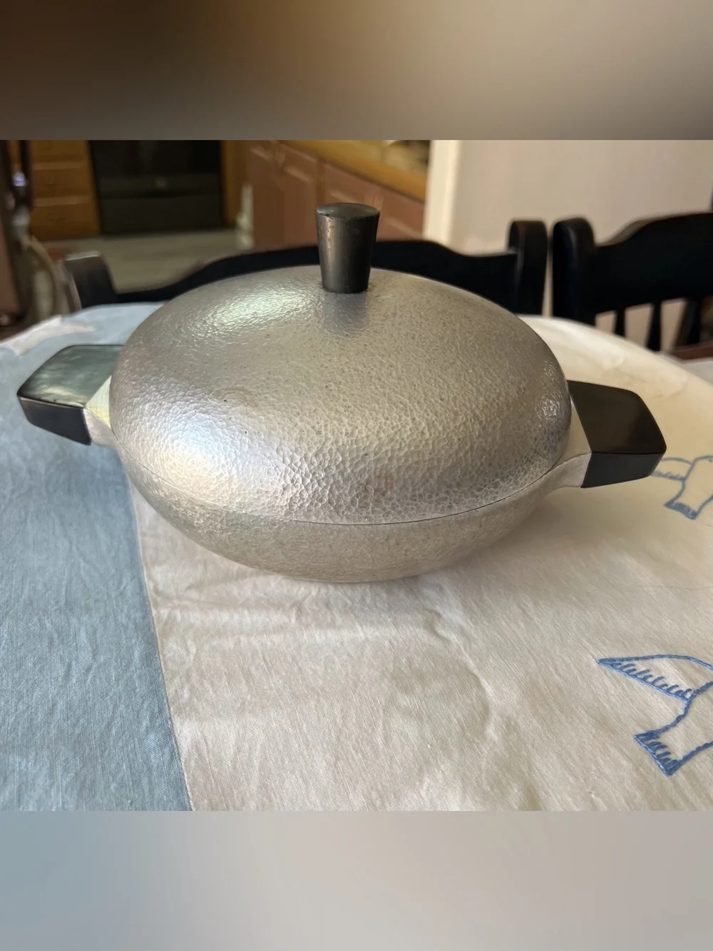 Vintage Silver Hammered Aluminum Covered Skillet with Black Handles